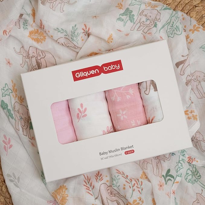 GLLQUEN BABY Muslin Swaddle Blankets 4-Pack Breathable Receiving Blankets (35" x 40") Soft Baby Blankets for Girls and Boys Newborn Essentials Muslin Burp Cloths Swaddle Wrap Baby Gift(Pink Elephant)
