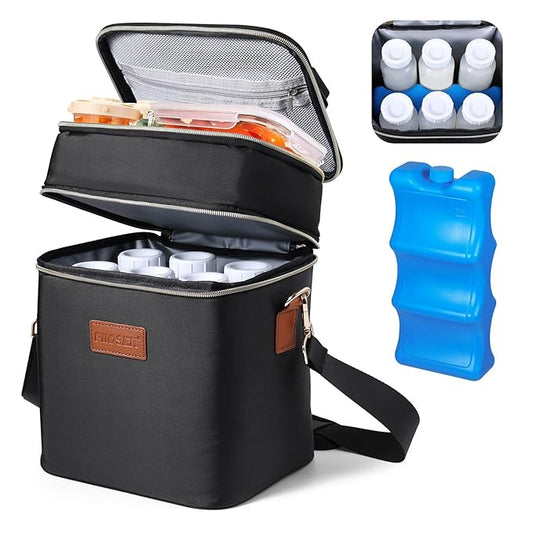 PIIOSER Breastmilk Cooler Bag with Ice Pack Fits 6 Baby Bottles Up to 9 Ounce, Insulated Baby Bottle Tote Bags, Double Layer Waterproof Leak-Proof with Shoulder Strap for Nursing &Working Mom