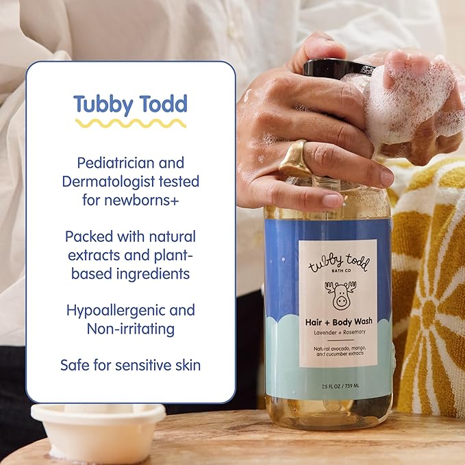 Tubby Todd Hair + Body Wash - Baby Shampoo and Body Wash - Gentle, Natural Baby Was for Newborns, Babies, and Toddlers - Non-Toxic and Hypoallergenic - Fragrance-Free, 2 Pack, 8.5oz & 25oz