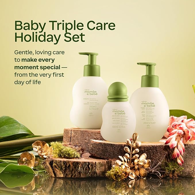 Natura – Mom & Baby Triple Care Set – Brazilian, Vegan, Hypoallergenic & Dermatologist Tested – Moisturizer, Cleanser & Cologne – Mom & Baby Bath & Body Essentials