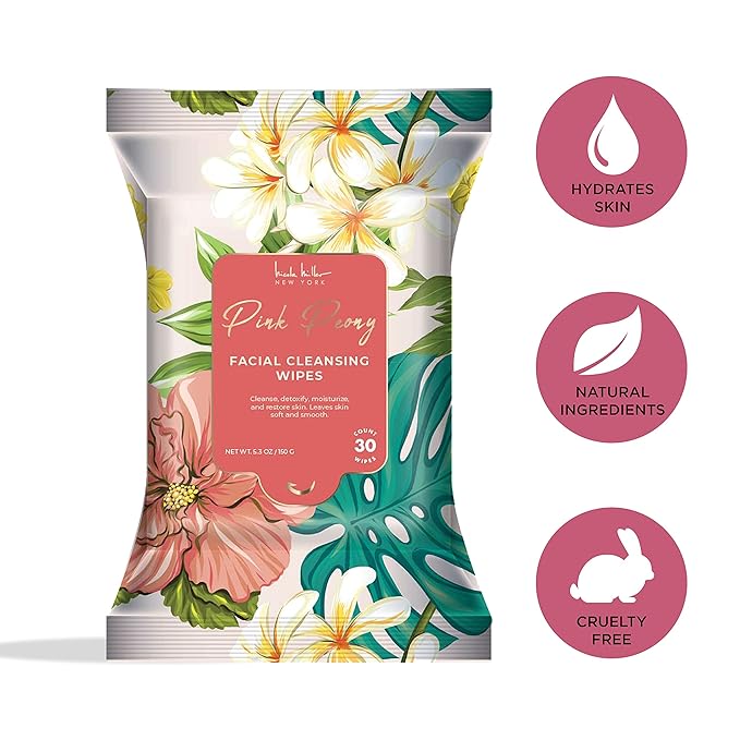 Nicole Miller Pack Facial Cleansing Wipes, Facial Cleansing Cloths, Removes Makeup, Mascara, Dirt and Oil, Peony, Coconut Mint, Rose, Shea Butter