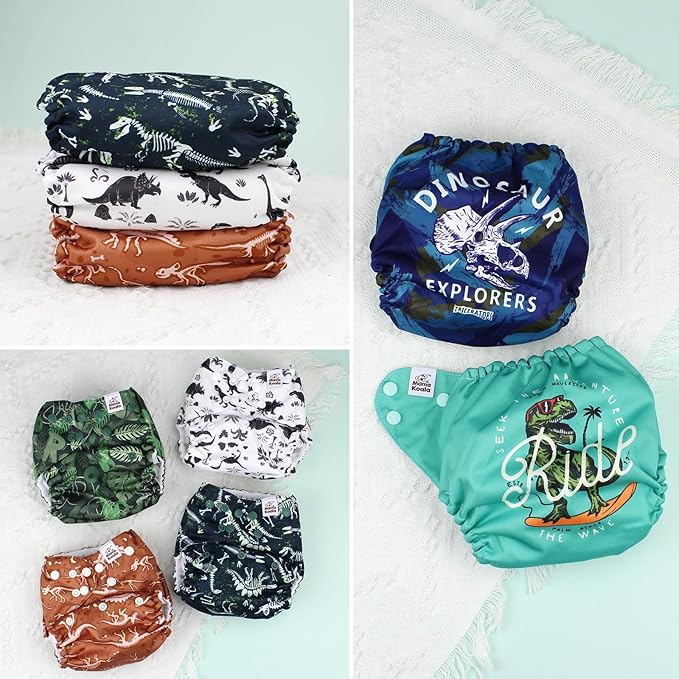 Mama Koala 3.0 Pocket Cloth Diapers for Babies with AWJ Lining, 6 Pack with 6 5-Layer Natural Cloth Diaper Inserts - Reusable and Washable Pocket Diapers(A-It's Dinosaurs)