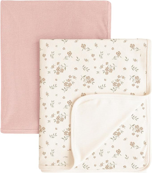 Konssy Knit Baby Blanket 2 Pack, Soft Ribbed Swaddle Receiving Blankets for Boys & Girls, Lightweight Cozy Swaddling Wrap for Newborns, Infants, & Toddlers, 33x42 Inch (Blossom,Pink)