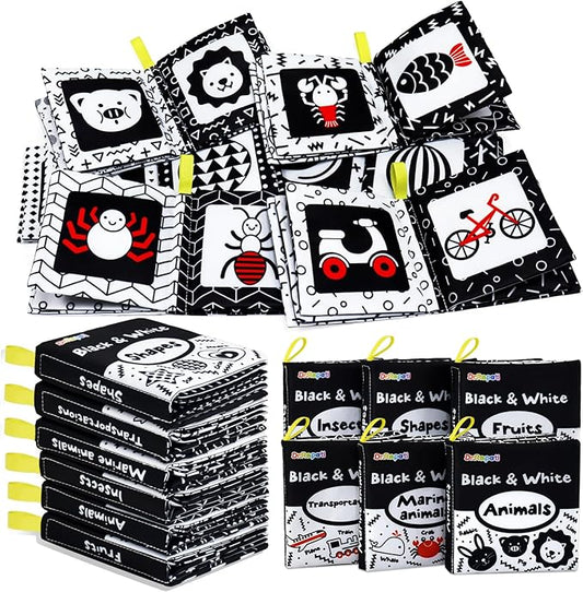 Dr.Rapeti Soft Cloth Books Baby Books Bath Books 6-Pack for Baby Infant Toddler Kids High Contrast Black and White Crinkle Washable Chewable Non-Toxic Early Educational Giftable