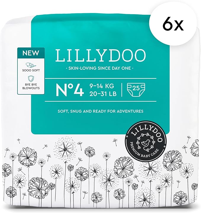 LILLYDOO Baby Diapers - Size 4 (20-31 lbs), Monthly Supply (150 Count), Leak Protection, Skin-Friendly, Ultrasoft, Perfume- & Chlorine-Free, Hypoallergenic, Dermatologist Tested, Oeko-TEX®