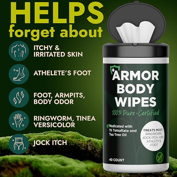 Body Wipes for Men & Women | Cleansing Body Wipes for Wrestling, Combat, Gym, Camping I Medicated with 1% Tolnaftate, Tea Tree Oil | Treats Ringworm, Jock Itch, Athlete's Foot | 40 Wipes