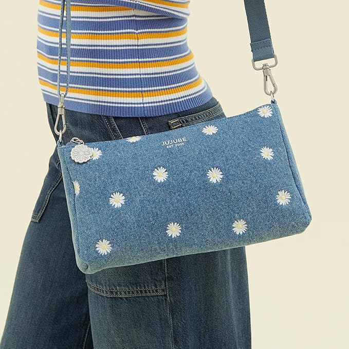 JuJuBe 3-Piece Pouch Set Diaper Bag Organizing Pouches, Perfect for Travel, On The Go, Zipper Cosmetic Makeup Bag or Diaper and Wipes Storage Pouch, Large, Medium, & Small, Denim & Daisies (Blue)