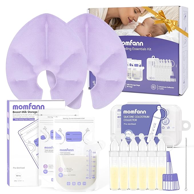 Breastfeeding Essentials Kit for New Moms,Gift Set with Reusable Hot&Cold Breast Therapy Packs/Breastmilk Storage Bags/Silicone Colostrum Collectors for Baby Essentials 58Pcs (Purple)