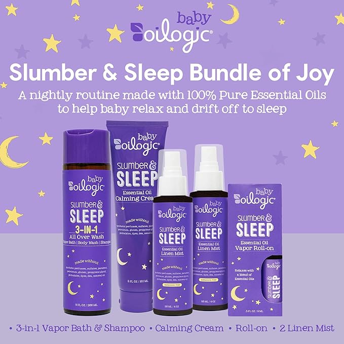 Oilogic Slumber & Sleep Bath Baby Essentials Gift Set - Includes All Over Wash, Calming Cream, Sleep Spray & Roll-On Essential Oils - Pediatrician-Tested Sleep, Comfort & Wellness Blends for Babies