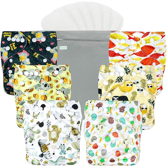 wegreeco Cloth Diapers 6 Pack with 6 Inserts & 1 Wet Bag, Washable Cloth Diapers for Babies, One Size Adjustable Reusable (Animal World)