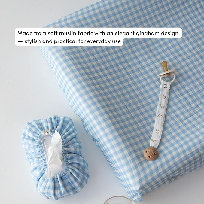 Baby Wipes Cover – Universal Size, One Size Fits All Wipes Packages | Muslin Cotton Tissue Cover for Nursery, Diaper Bag & Changing Table, Station | Gingham & Neutral Patterns (3-Gingham Blue)
