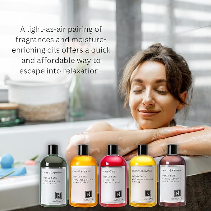 Assorted Bubble Bath Collection (Set of 5) by Nabila K - Forest Experience, Sunshine Zest, Rose Garden, Sweet Surrender, Heart of Provence - Essential Oils with Natural Ingredients - 16 oz