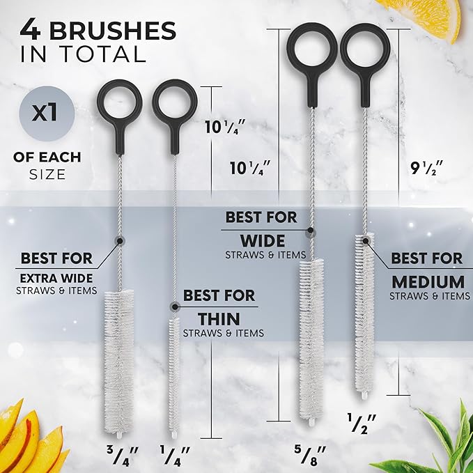 Heavy Duty Cleaning Brushes Set of 4 - Extra Long Straw Cleaners for Metal and Plastic Reusable Drinking Straws, to Clean Small Spaces, Sippy Cups, Water Bottles - Sturdy Hard Brush Bristles
