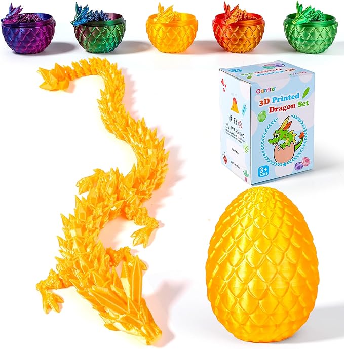 12''3D Printed Dragon and 4.73''Egg - 3D Printed Toys, Articulated Crystal Dragon Egg with Dragons Inside Fidget Toy, Decor Dragons Collectible Figurines (Silk Gold,12inch)
