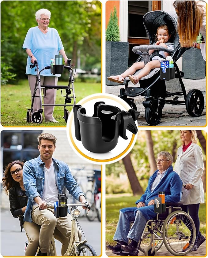 Universal Stroller Cup Holder with Mobile Phone Case, 2-in-1 Strollers Storage Rack, 360 Degrees Rotation Drink Holder for Bike, Pushchair, Wheelchair, Walker,Bicycle, Fits Most Cups
