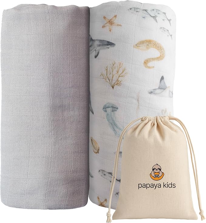Baby Boy Muslin Swaddle Blankets for Newborns, Ocean Blue 2-Pack, Soft Viscose derived from Bamboo & Cotton Muslin Baby Blankets, 47x43, Breathable Receiving Blankets, Giftable for Newborn
