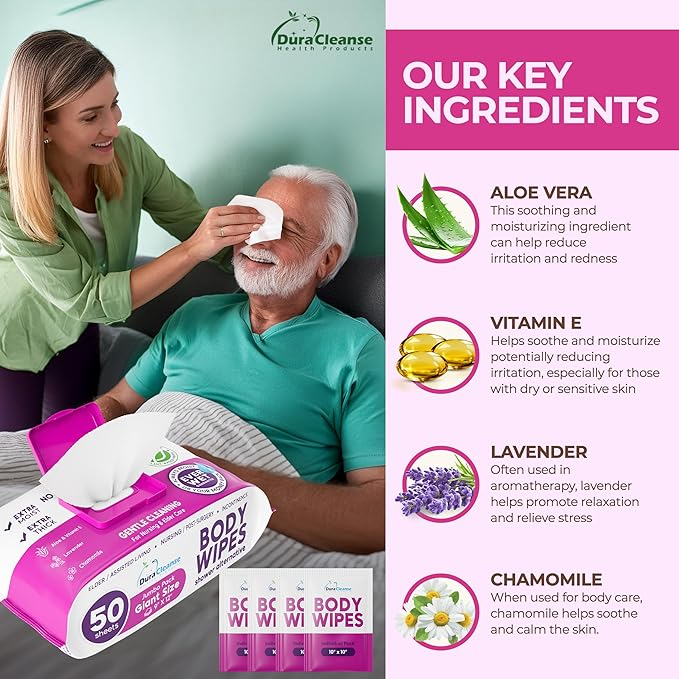 XL Bath Wipes for Adults Bathing No Rinse (2pk) - 100 Ct. + 8 Travel Body Wipes - 9"x12" Adult Disposable Washcloths for Elderly Incontinence - After Surgery Must Haves Supplies & Elder Care Products