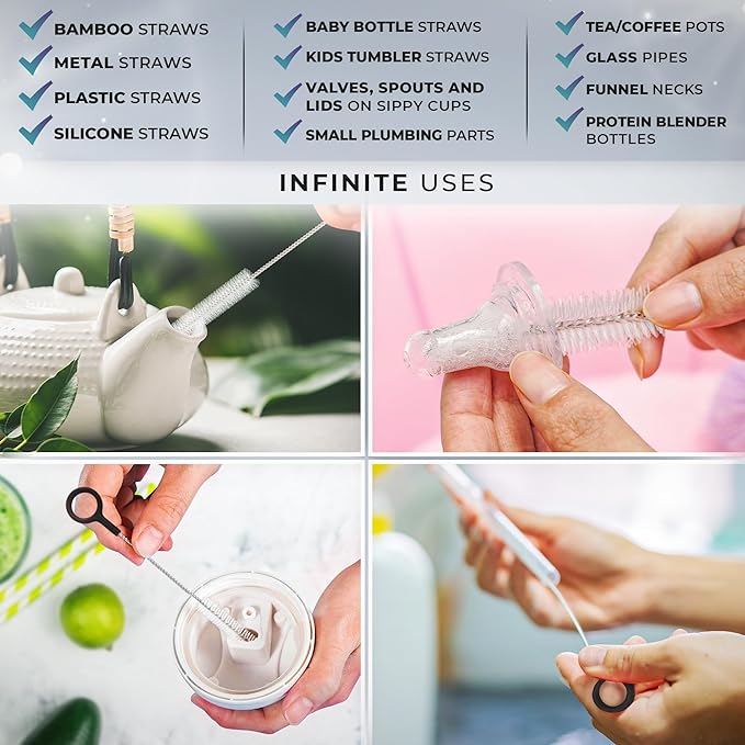 Heavy Duty Cleaning Brushes Set of 8 - Extra Long Straw Cleaners for Metal and Plastic Reusable Drinking Straws, to Clean Small Spaces, Sippy Cups, Water Bottles - Sturdy Hard Brush Bristles