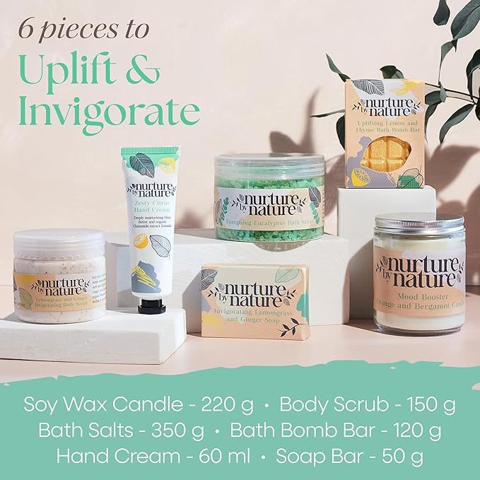 Nurture by Nature RELAX & UPLIFT Spa Kit for Women – Birthday Gifts for Women – 6 Piece Gift Basket with Hand Soap, Body Scrub, Hand Cream & More - Vegan Self Care Kit - Relaxation Gifts for Her
