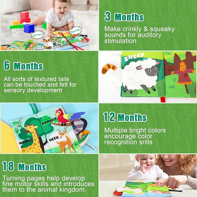 Soft Baby Book - Baby Toy - Newborn Boys Girls Shower Gift - Tummy Time Toy for Infant 0-6 6-12 Months - Touch and Feel Sensory Crinkle Book with Teether for Toddler