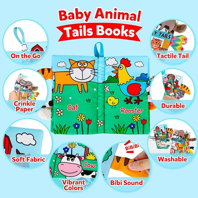 2Pack Soft Baby Books Animal Tails Toy Touch and Feel Crinkle Cloth Book Infant Toy with Non-Toxic Fabrics, Baby Shower, Thank You Gifts for Newborn Boys and Girls 3-12 Months