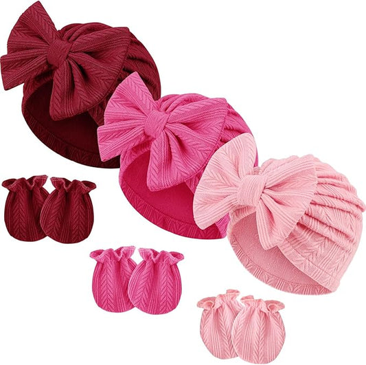 BQUBO Newborn Girls Hats Baby Hat and Mittens Set Infant Caps Bow Hospital Beanie with No Scratch Mittens for Baby Boys Girls