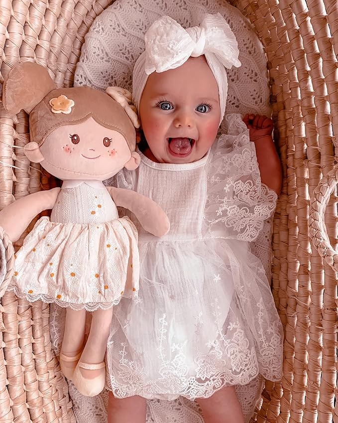 LeyaDoll Soft Baby Doll Toys (16''), My First Baby Rag Doll for 1 Year-Old Girl Birthday Gift, Christmas Plush Toys Gift for Toddler Kids Infants-Daisy Yellow