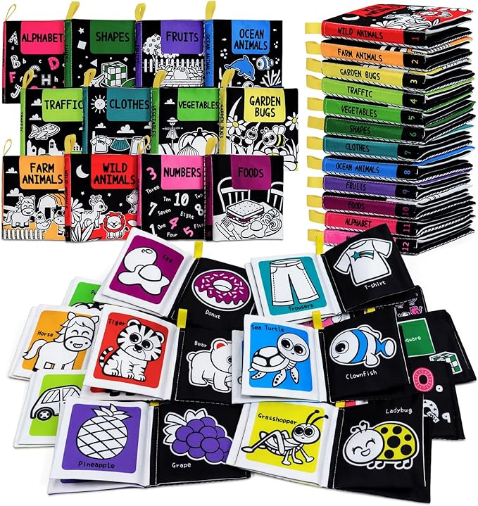 OKOOKO 12PCS Soft Baby Books Black and White High Contrast Soft Cloth Bath Books Crinkle Washable Non-Toxic Early Education Preschool Learning Toy for Newborns Babies Infants Toddlers Kids