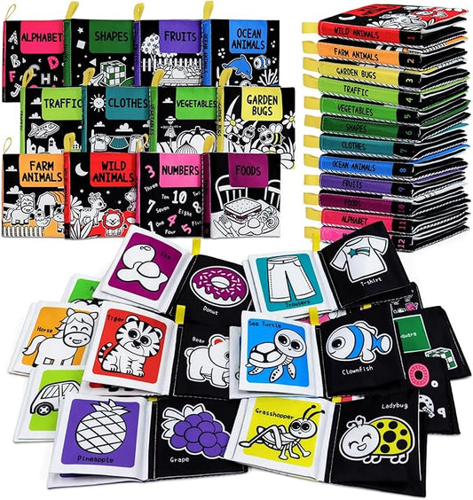OKOOKO 12PCS Soft Baby Books Black and White High Contrast Soft Cloth Bath Books Crinkle Washable Non-Toxic Early Education Preschool Learning Toy for Newborns Babies Infants Toddlers Kids