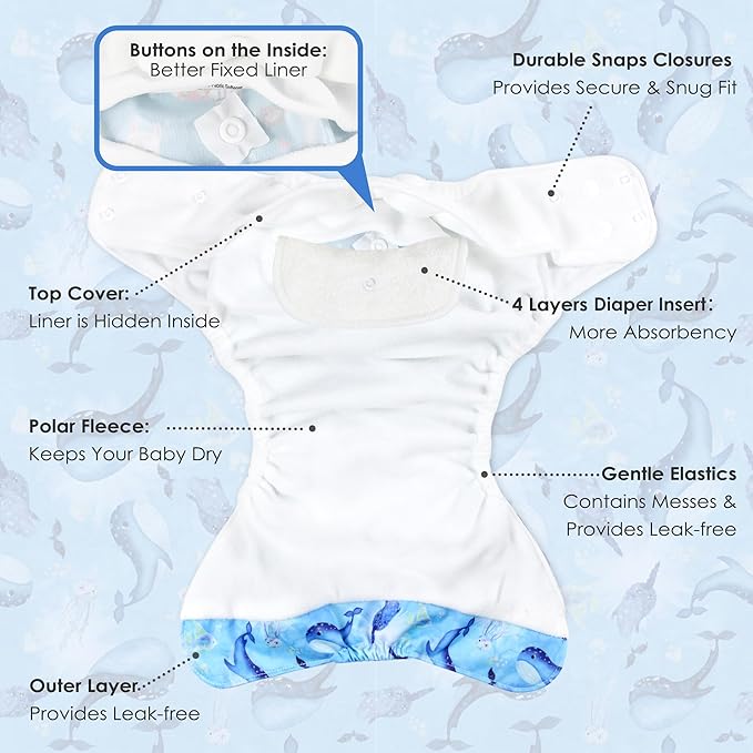 wegreeco Cloth Diapers 5 Pack with 5 Inserts, Washable Cloth Diapers for Babies, One Size Adjustable Reusable (Ocean Adventure)
