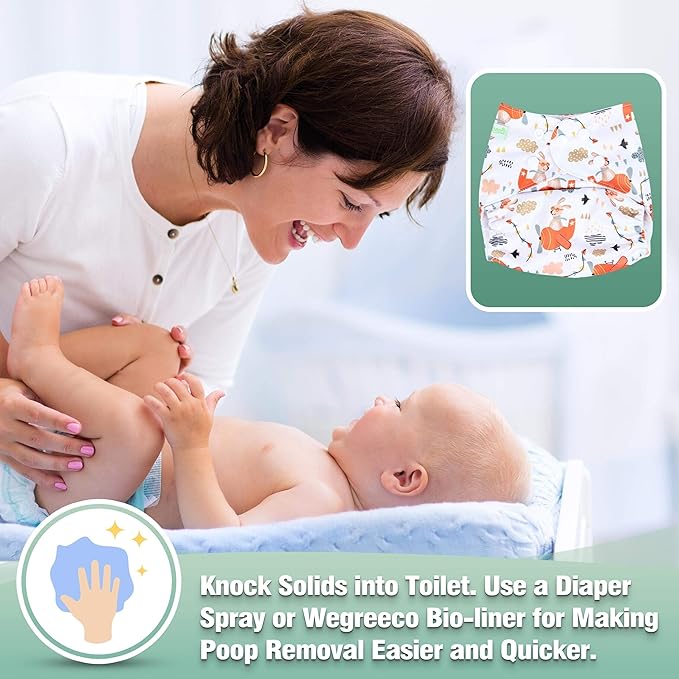 wegreeco Cloth Diapers 6 Pack with 6 Inserts & 1 Wet Bag, Washable Cloth Diapers for Babies, One Size Adjustable Reusable (Bright Animals)