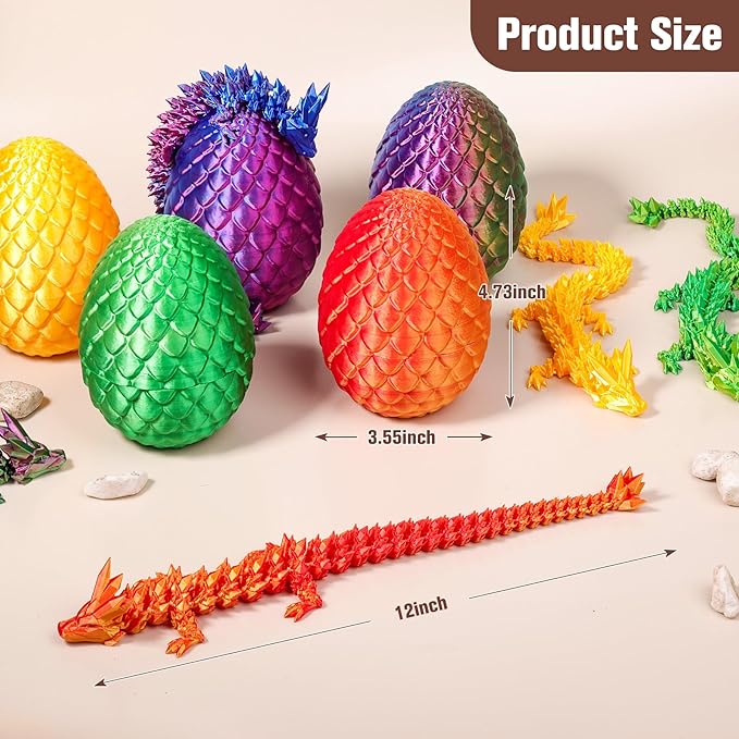 12''3D Printed Dragon and 4.73''Egg - 3D Printed Toys, Articulated Crystal Dragon Egg with Dragons Inside Fidget Toy, Decor Dragons Collectible Figurines (Red Gold,12inch)