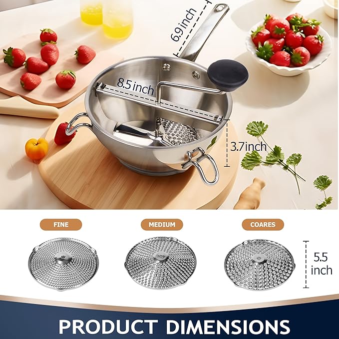 Stainless Steel Food Mills With 3 Milling Discs,Ergonomic design Of Rotary Food Mills For Tomato Sauce,Potatoes,Jams,Stainless Steel Handle and Dishwasher Safe,Includes Multifunctional Spoon