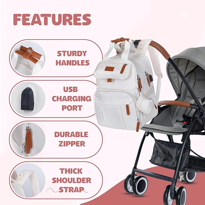 Expandable Diaper Bag Backpack for Baby Boy & Girl – 26-32L Large Capacity Travel Diaper Bag with Insulated Pockets, Changing Pad & Stroller Straps – Beige