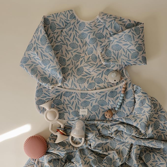 mushie Muslin Baby Swaddle Blanket | 100% Organic Cotton (Blue Flowers)