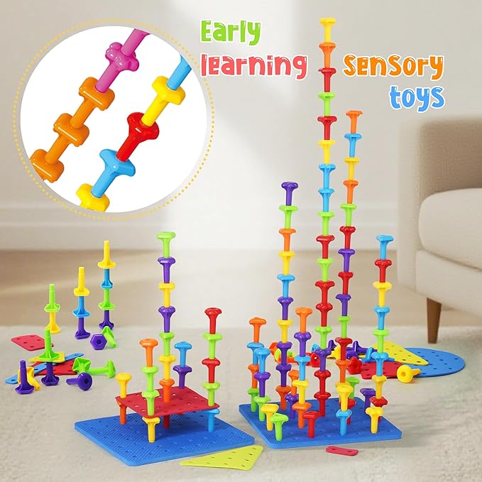 Ggiibro Peg Board Toy Set 101Pcs DIY Building Stacking Toys for Kids 3-6 Years Old,STEM Educational Kids Toy for Brain Development,Montessori Sensory Toys,Plastic Lacing String Game