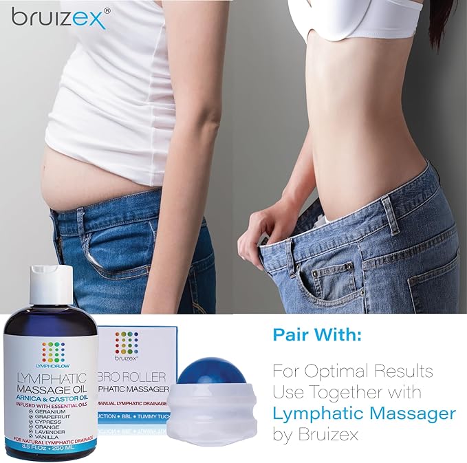 Lymphatic Drainage Massage Oil with Arnica & Cold Pressed Castor Oil I Post Surgery Recovery & Post Liposuction, BBL, 360 Lipo, Tummy Tuck I Fibrosis Treatment, Body Detox I 8.5 Oz by Bruizex