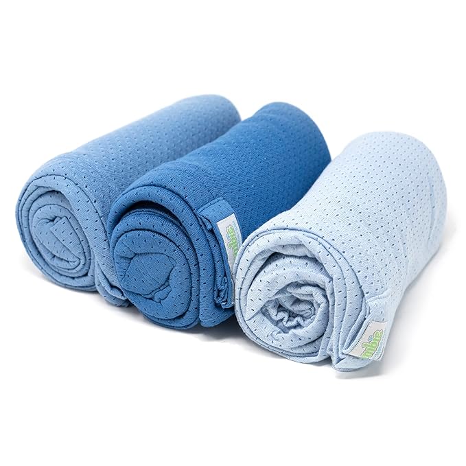 Woombie Organic Cotton Airwrap Baby Swaddling Blanket Set - Lightweight, Multi-Use Receiving Blankets - Set of 3, 44 x 44 inches - Blues