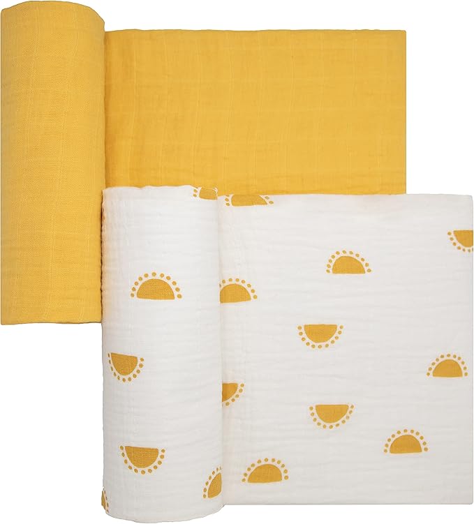 Sticky Toffee Muslin Swaddle Baby Blanket, Yellow Suns, 47 x 47 in, Soft Breathable Oeko-Tex Cotton Newborn Wrap and Receiving Blanket