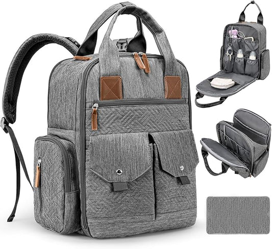 Diaper Bag Backpack - Large Diaper Bag with Portable Changing Pad as Baby Shower Gifts, Lightweight Waterproof Unisex Travel Baby Bag with 4 Insulated Pockets and Stroller Buckles, Dark Grey