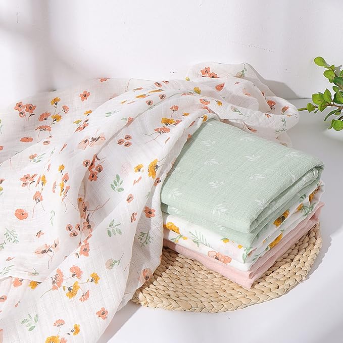 Softan Muslin Swaddle Blankets for Baby Girls & Boys Gift, Large 47X47 inches Receiving Blankets for Newborn, Infant Swaddle Wrap Blanket Set Soft Silky & Breathable, 4 Pack Green Floral