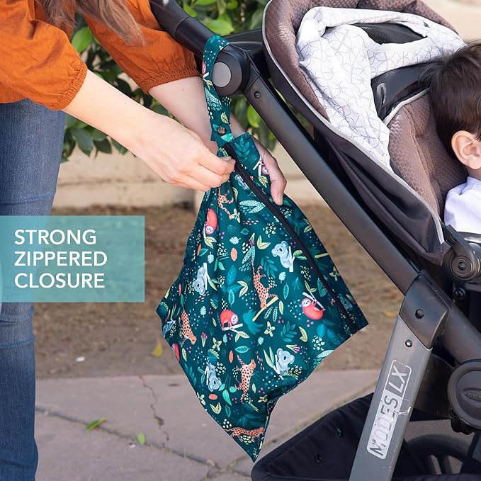 Bumkins - Waterproof Wet Bag & Clear Travel Bags - For Beach, Baby, Travel, Swim Suit, Cloth Diapers, Pump Parts, Pool, Gym, Toiletries - Reusable & Easy to Clean - Jungle - 4 Pack