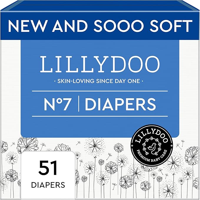 LILLYDOO Baby Diapers - Size 7 (33+ lbs), Half-Monthly Supply (51 Count), Leak Protection, Skin-Friendly, Ultrasoft, Perfume- & Chlorine-Free, Hypoallergenic, Dermatologist Tested, Oeko-TEX®