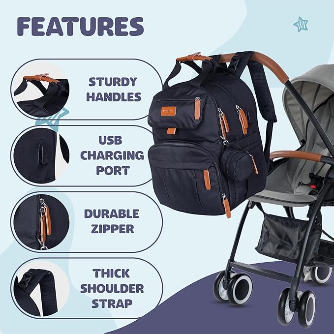 Expandable Diaper Bag Backpack for Baby Boy & Girl – 26-32L Large Capacity Travel Diaper Bag with Insulated Pockets, Changing Pad & Stroller Straps – Black