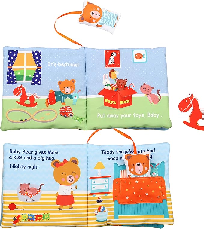 Teddy Bear Baby Book Activity Quiet Cloth Soft Books Developmental Toys Interactive Baby Books for Babies Toddlers Infants, Tummy Time Mirror Toy Gifts for Boys Girl, Goodnight W Box