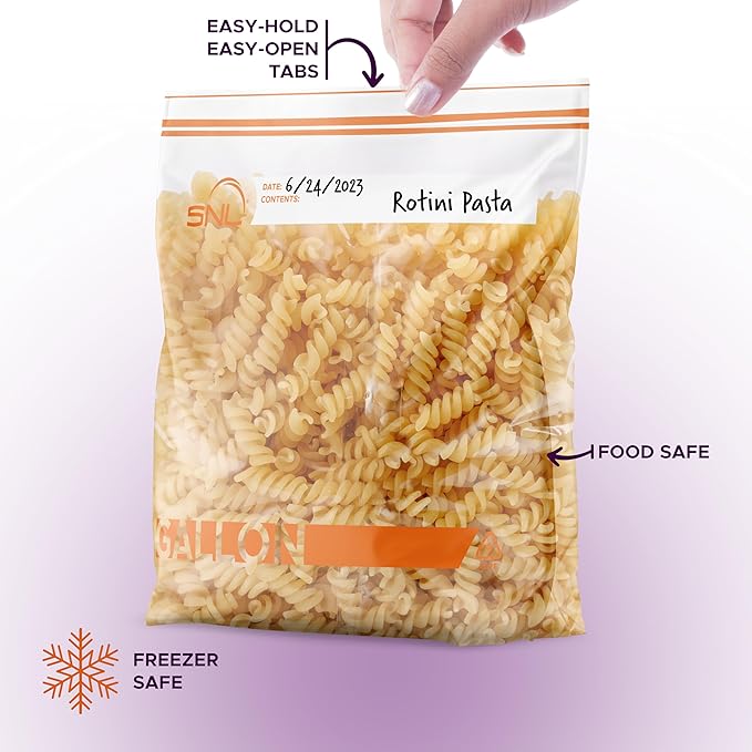Gallon Food Bags by SNL -200 Bags- Leak-Proof, Clear, Write-On Block, Reclosable, Disposable Storage Bags, Double Seal Zippers with Clicking Noise Zip Confirmation, Stand-Alone Gusset, Easy Dispensing