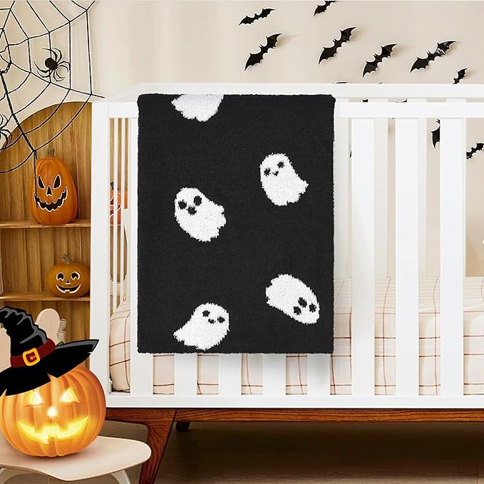 Halloween Decor Soft Baby Blanket Cozy Swaddling Blanket for Newborn Nursery Kids 30x40 Inch Black Ghost