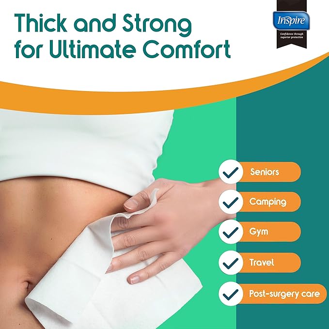 Inspire Ultra Thick Rinse Free Body Wipes, Bathing Wipes, Rinse Free Wet Wipes, Thick Strong Extra Large With Aloe Vera Enriched