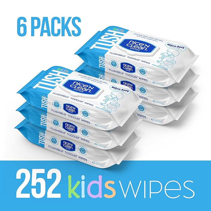 Nice 'N CLEAN Flushable Toddler Wipes 42ct (6-Pack) | 100% Plant-Based, Unscented Wet Wipes for Sensitive Skin | Potty Training Essentials | Flushable Baby Wipes for All Ages