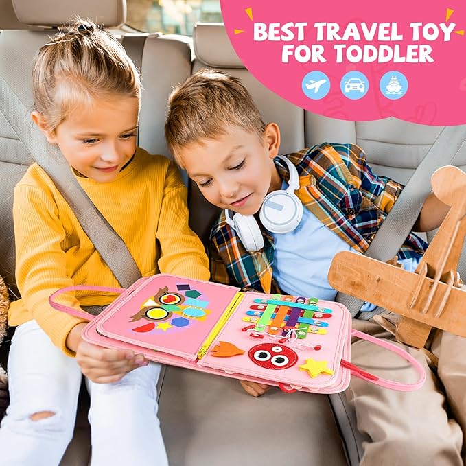 Toddler Busy Board, Montessori Sensory Toys for Boys, 1-4 Year Old Girl Toddler Travel Toys, Educational Learning Activities Board for Motor Skills, Birthday Gifts for Airplane Car, Pink